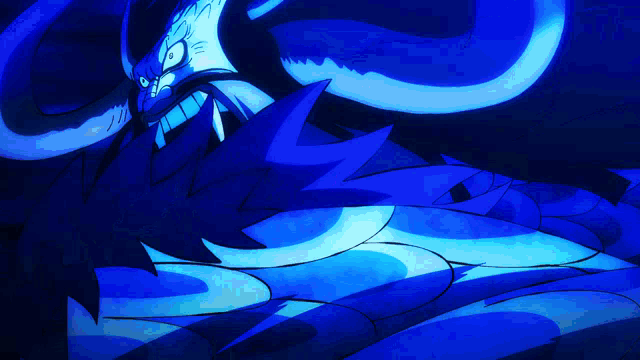 a blue and white drawing of a monster with horns and sharp teeth
