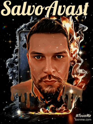 a poster for salvo avast shows a man with flames coming out of his head