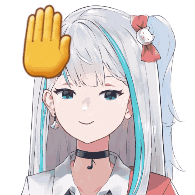 a girl with white hair and blue streaks has a hand on her head