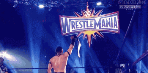 a man in a wrestling ring with a wrestlemania logo behind him