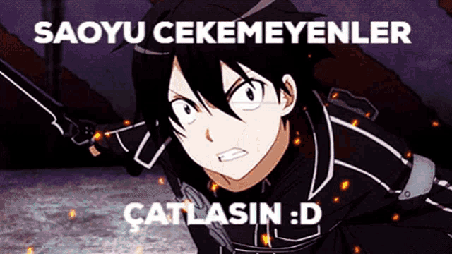 a picture of a boy with a sword and the words saoyu cekemeyenler catlasin : d