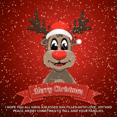 a merry christmas greeting card with a reindeer wearing a santa hat