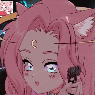 a cartoon girl with a crescent moon on her forehead holds a gun