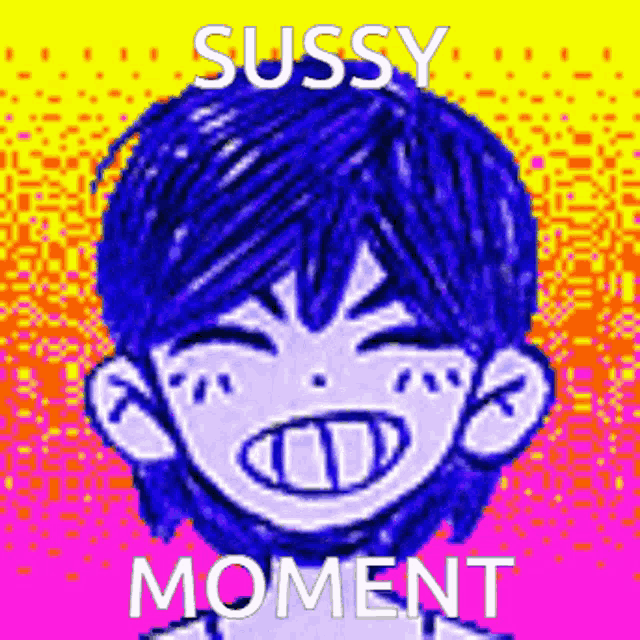 a pixel art drawing of a boy with blue hair and the words sussy moment
