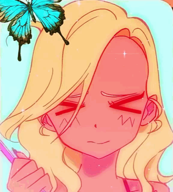 a drawing of a girl with a blue butterfly in her hair