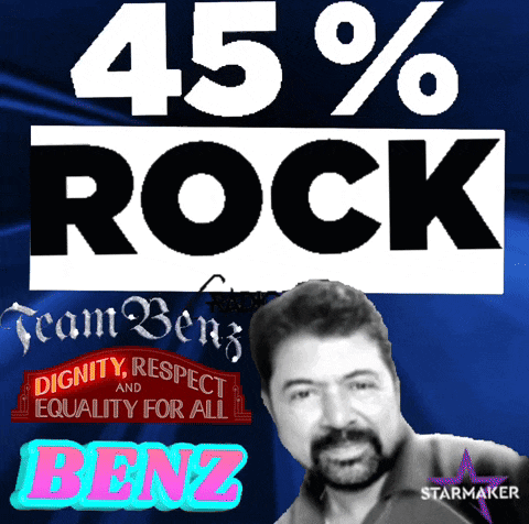 a man with a beard stands in front of a poster that says 45 % rock