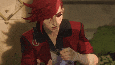 a woman with red hair is drinking from a bottle with the letter a on it