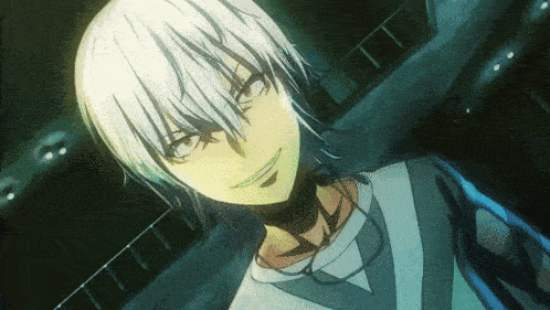 a cartoon character with white hair and a yellow eye is smiling