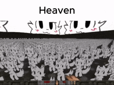 a bunch of cartoon cats are standing next to each other in a heaven .