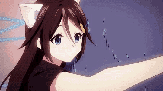 a girl with cat ears is standing in front of a computer screen with numbers on it