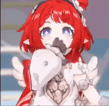 a girl with red hair and blue eyes is holding a duck in her hands .