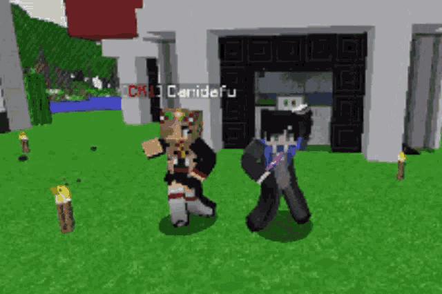 two minecraft characters standing in front of a building with the name caniderfu on the bottom right