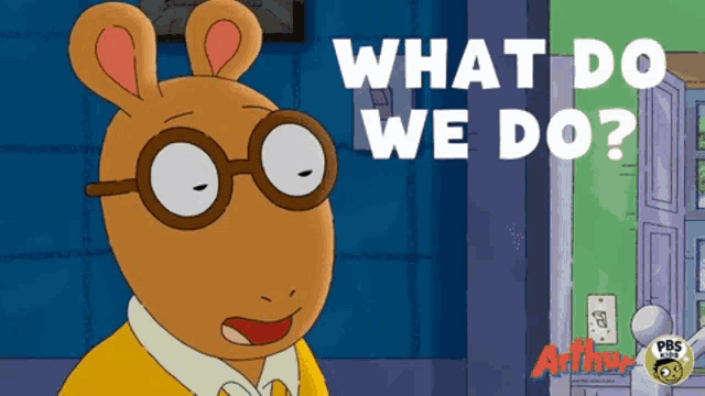 a cartoon character says what do we do in white letters