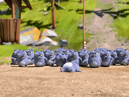 a bunch of cartoon animals are standing on a dirt path