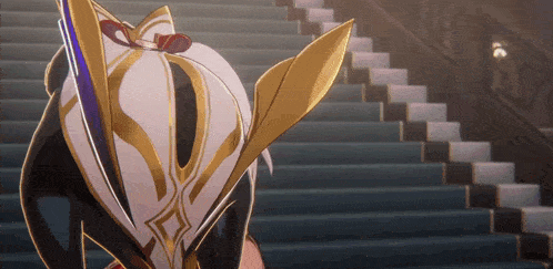 a cartoon character is standing on a set of stairs with a sword in her hand