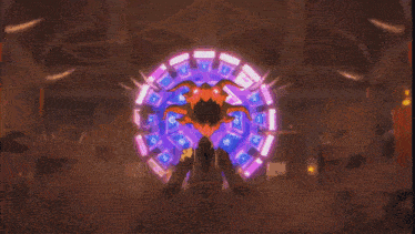 a purple ribbon is flying in the air in a video game scene