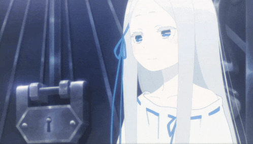 a girl with long white hair is standing in front of a lock