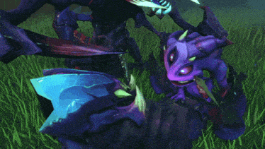 a purple monster with horns is standing in a grassy field