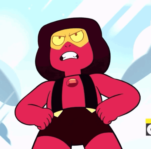 a cartoon character with a yellow face and a red body is standing with his hands on his hips