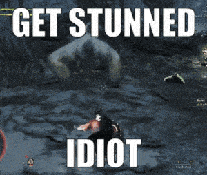 a video game screen with the words get stunned idiot on it