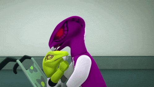 a purple and white cartoon character is holding a green snake