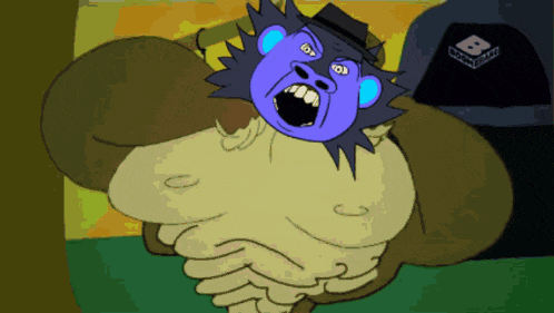 a cartoon drawing of a gorilla with a blue face and a hat