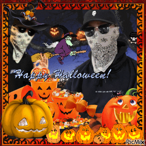 a picture of a man with a bandana on his face surrounded by pumpkins and candy says happy halloween