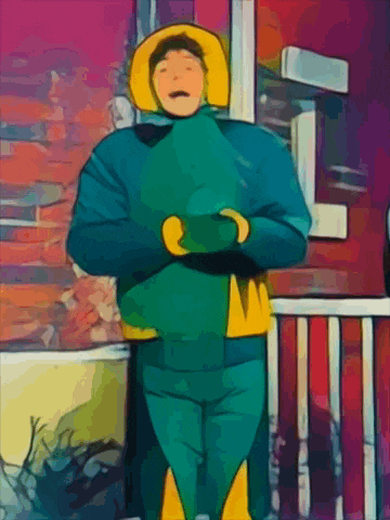a cartoon drawing of a person in a green and yellow jacket