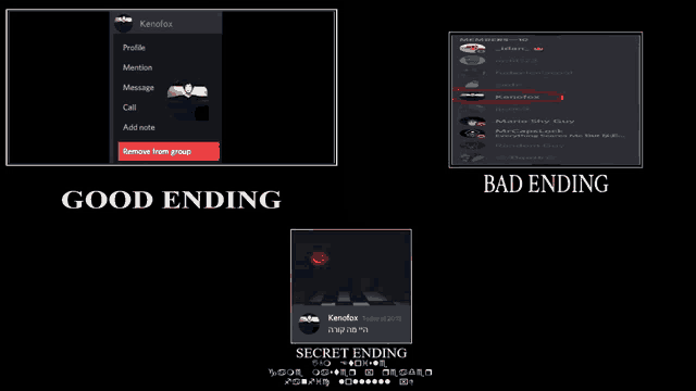 a computer screen with the words good ending and bad ending written on it