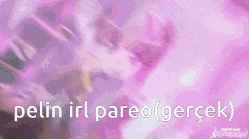 a purple haired anime girl with the words pelin irl pareo ( gerçek ) written below her