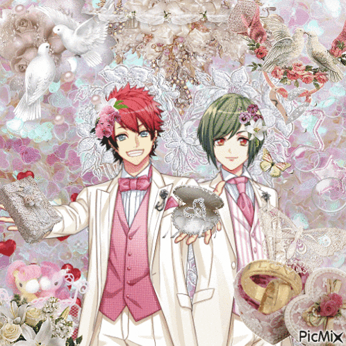 a couple of anime characters standing next to each other with a picmix logo in the corner