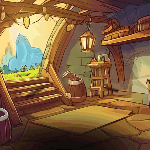a cartoon drawing of a room with stairs and a lantern