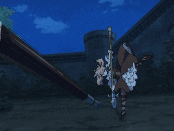 a man with a sword in his neck looks up