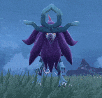 a purple and blue monster is standing in a field
