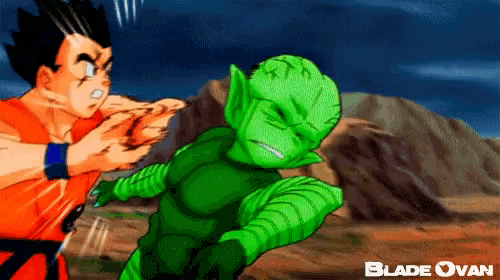a cartoon of a man fighting a green monster with the words blade ovan below it
