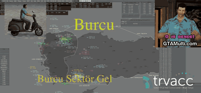 a computer screen shows a man riding a scooter and a map with the word burcu on it