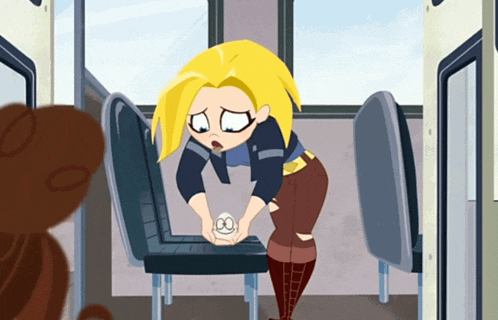 a cartoon of a girl sitting on a bus holding something in her hands