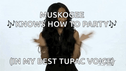 a woman is dancing in front of a white background and says `` muskogee knows how to party '' .