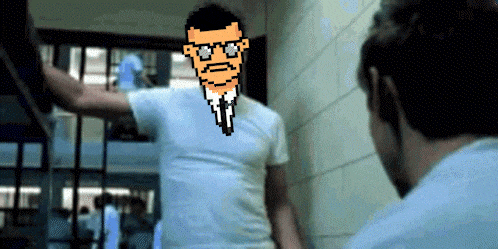 a pixel art of a man in a white shirt
