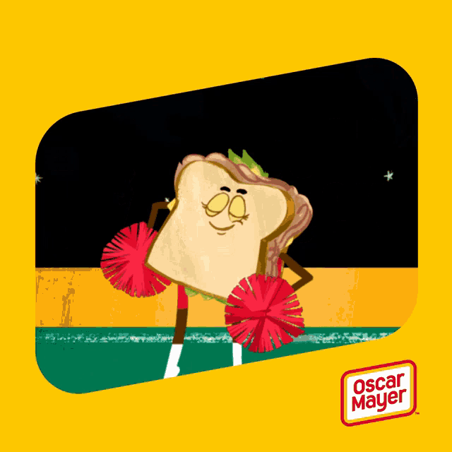 an oscar mayer advertisement with a sandwich cheering