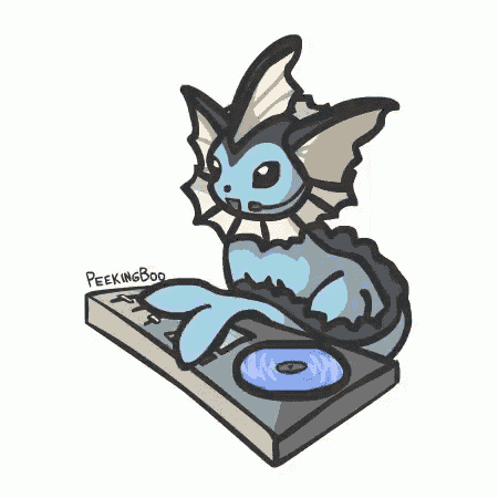 a cartoon drawing of a pokemon sitting on top of a dj 's turntable .