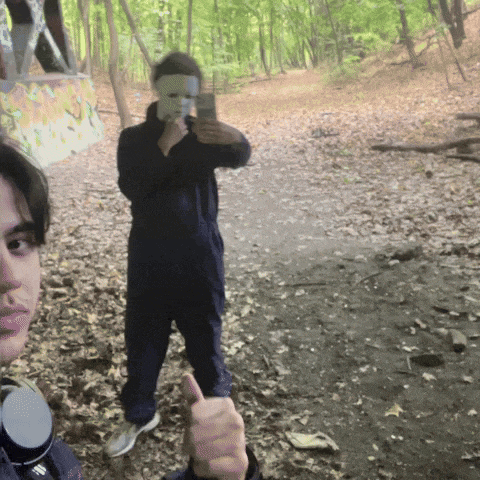 a man wearing a mask takes a picture of himself in the woods