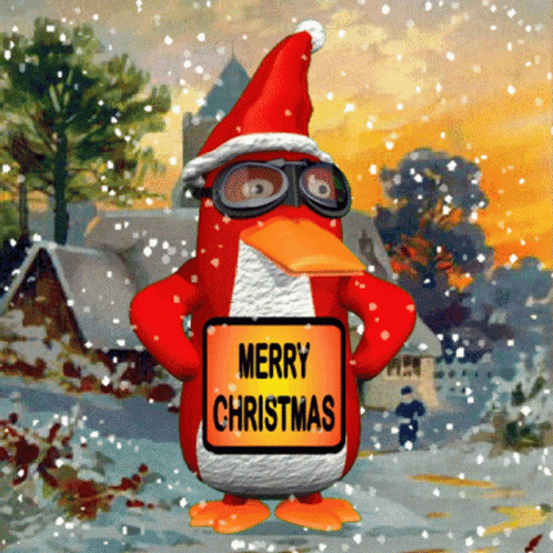 a penguin wearing a santa hat and goggles holds a sign that reads merry christmas