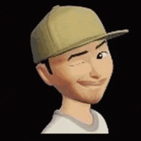 a cartoon character wearing a baseball cap with glowing eyes