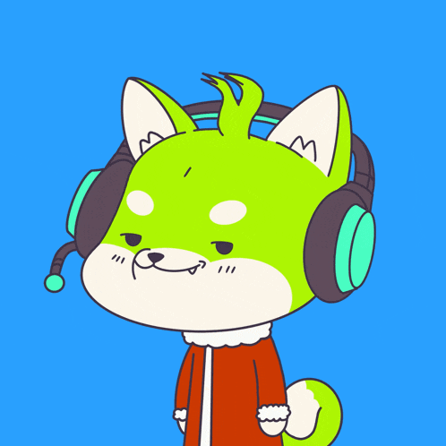 a cartoon drawing of a green cat wearing headphones and a microphone