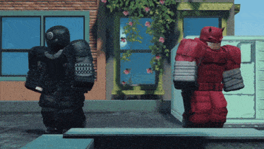 a man in a red costume is standing next to a man in a black suit