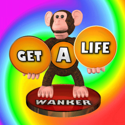 a monkey holding three circles that say get a life and wanker