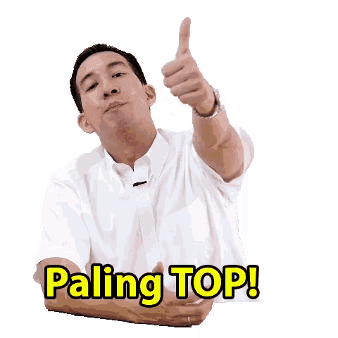 a man in a white shirt is giving a thumbs up with the words paling top in yellow letters behind him
