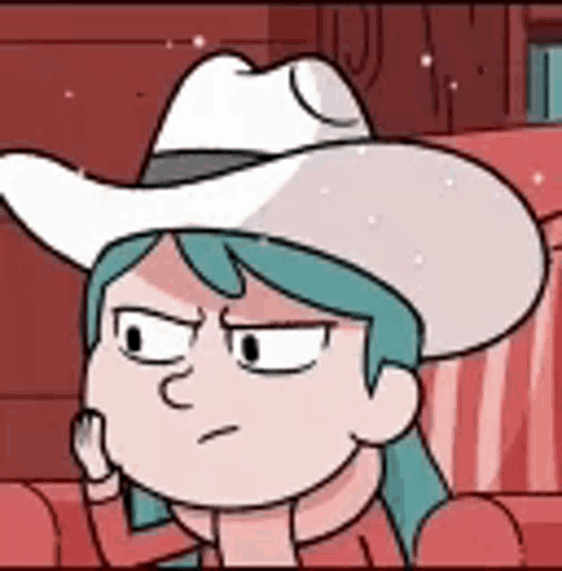 a cartoon girl is wearing a cowboy hat and sitting on a couch .
