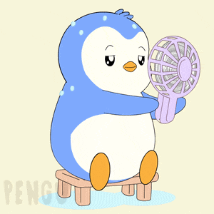 a penguin sitting on a stool holding a fan with the word penguin behind it